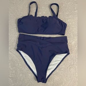Cupshe blue scalloped bikini top and cross-over high waisted bottoms